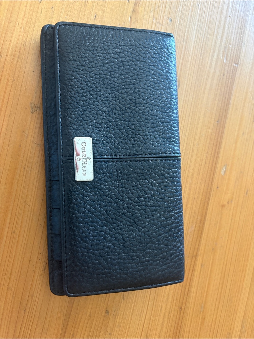 Cole Haan Black Pebbled Leather Long Wallet with Metal Logo